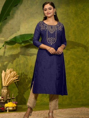 RICH LOOK MAGIC COTTON FOIL PRINT WORK ONLY KURTI NAVY BLUE