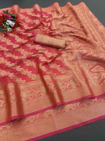 BOLLYWOOD ORGANZA DESIGNER BORDER WORK SAREE WITH UNSTITCHED BLOUSE RED