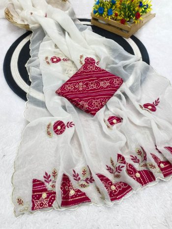 DESIGNER CRUNCHY CHIFFON BANDHANI PATCH BUTTA WITH HANDWORK SAREE WITH UNSTITCHED BLOUSE WHITE