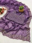 DESIGNER GEORGETTE SILK EMBROIDERY AND REAL MIRROR AND DIAMOND HAND WORK SAREE WITH UNSTITCHED BLOUSE LAVENDER