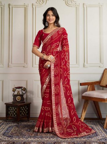 LATEST GEORGETTE RAJWADI BANDHEJ PRINT WITH EMBROIDERY WORK SAREE WITH UNSTITCHED BLOUSE RED