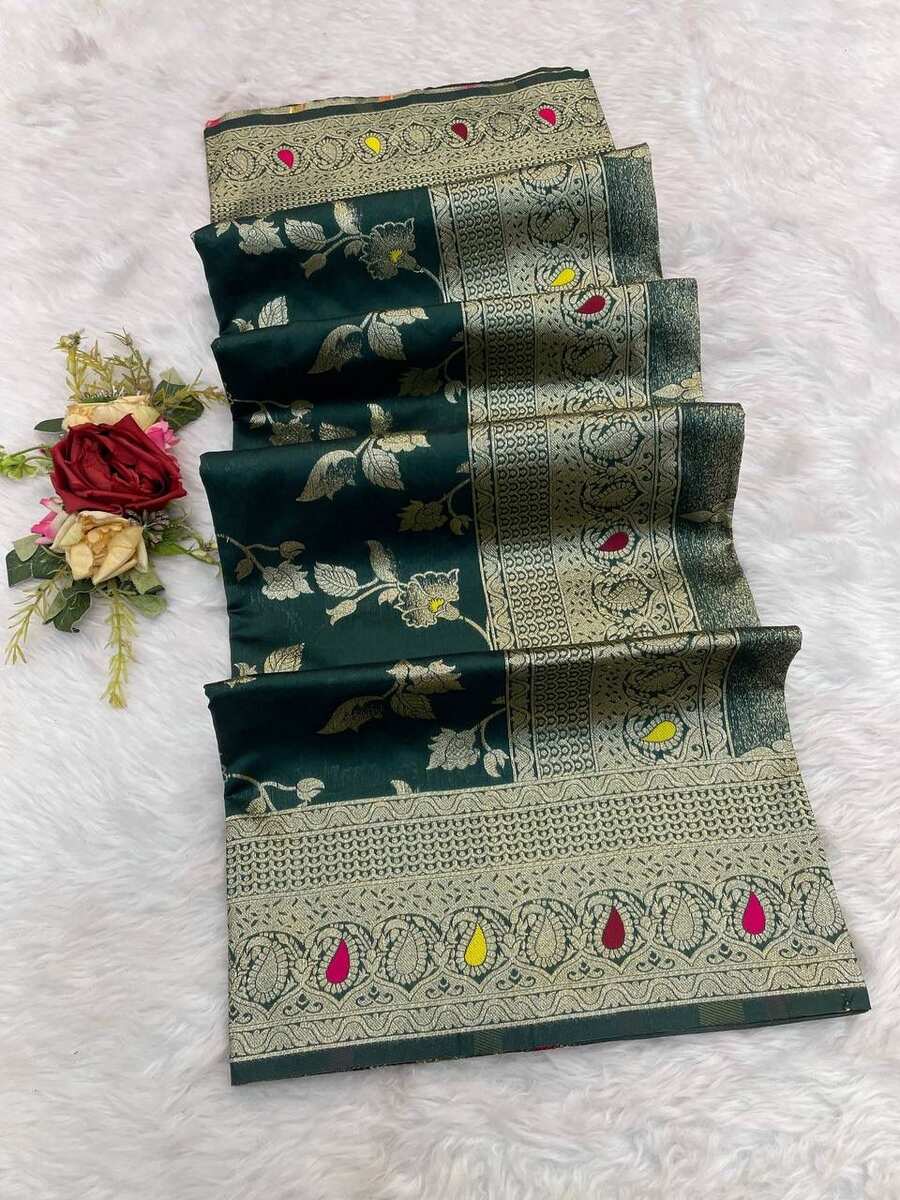 4NEW ARRIVAL BANARASI SILK FLOWERS AND MINA WITH ZARI WEAVING BORDER WORK SAREE WITH UNSTITCHED BLOUSE FESTIVE WEAR WHOLESALE PRICE ETHNIC GARMENT (12)