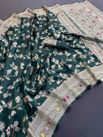 NEW ARRIVAL BANARASI SILK FLOWERS AND MINA WITH ZARI WEAVING BORDER WORK SAREE WITH UNSTITCHED BLOUSE GREEN