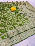 NEW ARRIVAL BANARASI SILK FLOWERS AND MINA WITH ZARI WEAVING BORDER WORK SAREE WITH UNSTITCHED BLOUSE PARROT GREEN