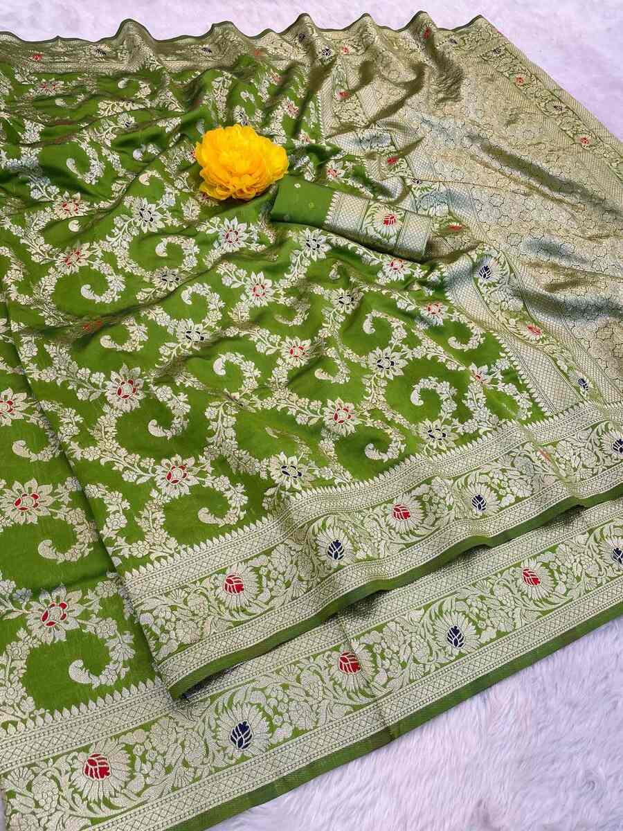 4NEW ARRIVAL BANARASI SILK FLOWERS AND MINA WITH ZARI WEAVING BORDER WORK SAREE WITH UNSTITCHED BLOUSE FESTIVE WEAR WHOLESALE PRICE ETHNIC GARMENT (7)