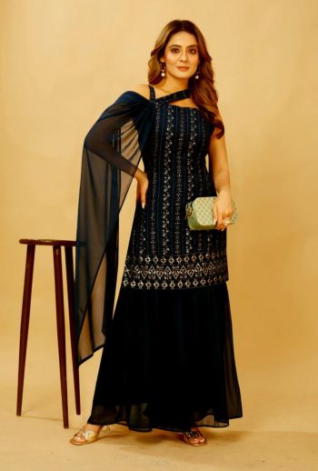 NEW ARRIVAL GEORGETTE SEQUENCE EMBROIDERY WORK TOP PALAZZO WITH DUPATTA BLACK