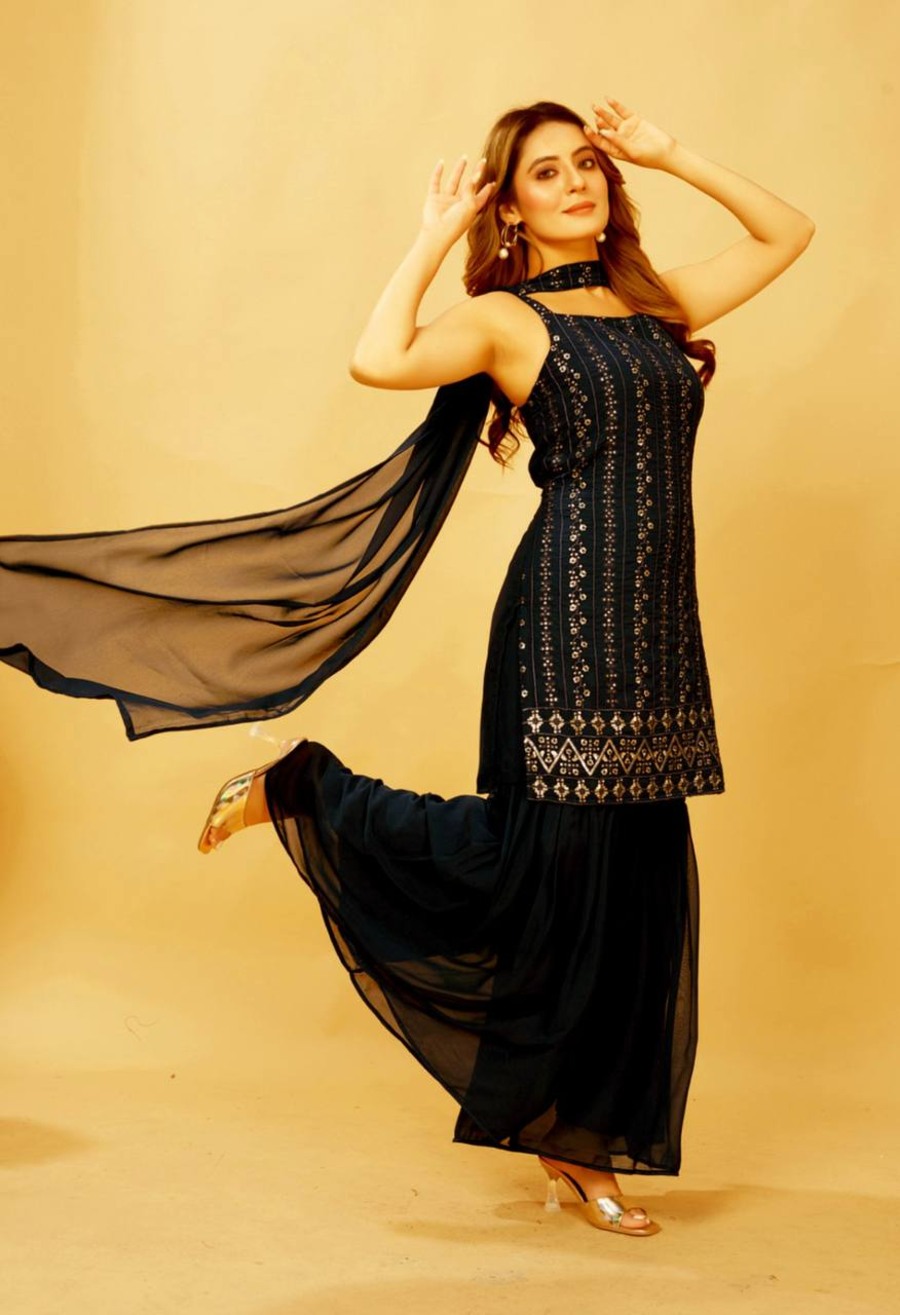 4NEW ARRIVAL GEORGETTE SEQUENCE EMBROIDERY WORK TOP PALAZZO WITH DUPATTA PARTY WEAR WHOLESALE PRICE ETHNIC GARMENT (12)