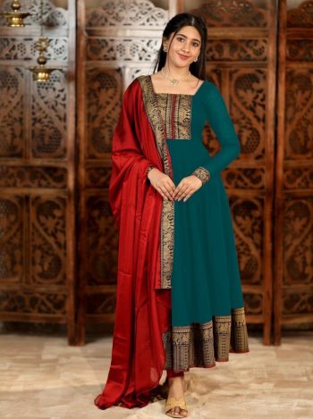 NEW ARRIVAL VICHITRA SILK JACQUARD LACE WORK ANARKALI TOP WITH DUPATTA GREEN