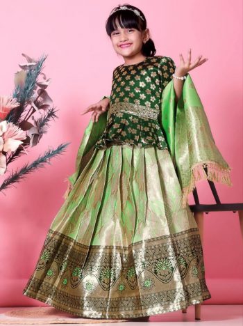 ATTRACTIVE JACQUARD WEAVING DESIGN WORK LEHENGA CHOLI WITH DUPATTA GREEN