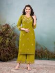 ATTRACTIVE KHADI COTTON EMBROIDERY WORK TOP PENT SET GREEN