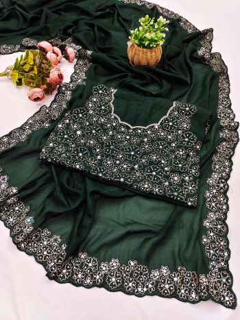 DESIGNER GEORGETTE SILK EMBROIDERY AND REAL MIRROR AND DIAMOND HAND WORK SAREE WITH UNSTITCHED BLOUSE GREEN