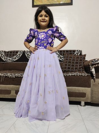DESIGNER GEORGETTE SILK EMBROIDERY SEQUENCE WORK WITH TOP FULL PRINTED WORK KID'S GOWN LAVENDER