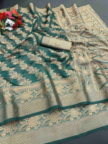 BOLLYWOOD ORGANZA DESIGNER BORDER WORK SAREE WITH UNSTITCHED BLOUSE GREEN