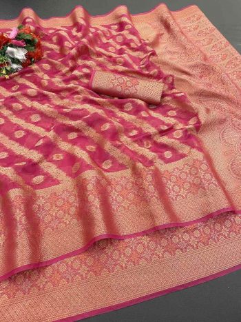 DESIGNER ORGANZA DESIGNER BORDER WORK SAREE WITH UNSTITCHED BLOUSE PINK
