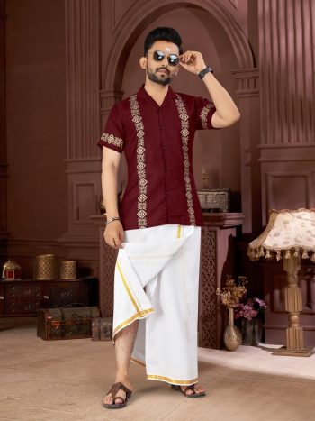 FANCY COTTON FOIL PRINT WITH BEAUTIFUL PATTERN WORK MEN'S SHIRT WITH MATCHING DHOTI WINE