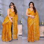 5FANCY JIMMY CHOO EMBROIDERY WORK SAREE WITH UNSTITCHED BLOUSE PARTY WEAR WHOLESALE PRICE ETHNIC GARMENT (9)