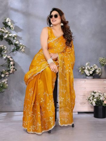 FANCY JIMMY CHOO EMBROIDERY WORK SAREE WITH UNSTITCHED BLOUSE YELLOW