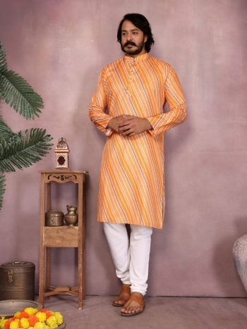 LATEST COTTON SEQUENCE WORK AND PRINTED MEN'S KURTA PAYJAMA ORANGE