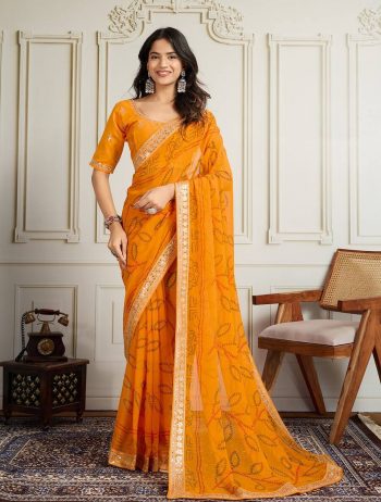 LATEST GEORGETTE RAJWADI BANDHEJ PRINT WITH EMBROIDERY WORK SAREE WITH UNSTITCHED BLOUSE YELLOW