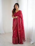 MODERN GEORGETTE PATTA FOIL WITH LACE & ZALAR WORK SAREE WITH UNSTITCHED BLOUSE RED