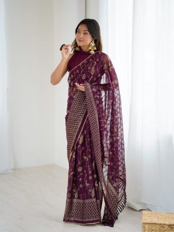 MODERN GEORGETTE PATTA FOIL WITH LACE & ZALAR WORK SAREE WITH UNSTITCHED BLOUSE WINE