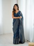 MODERN GEORGETTE PATTA FOIL WITH LACE & ZALAR WORK SAREE WITH UNSTITCHED BLOUSE TEAL