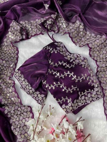 MODERN JIMMY CHOO SILK SEQUENCE WITH ARC BORDER WORK SAREE WITH STITCHED BLOUSE WINE