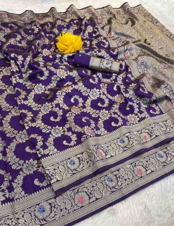 NEW ARRIVAL BANARASI SILK FLOWERS AND MINA WITH ZARI WEAVING BORDER WORK SAREE WITH UNSTITCHED BLOUSE PURPLE