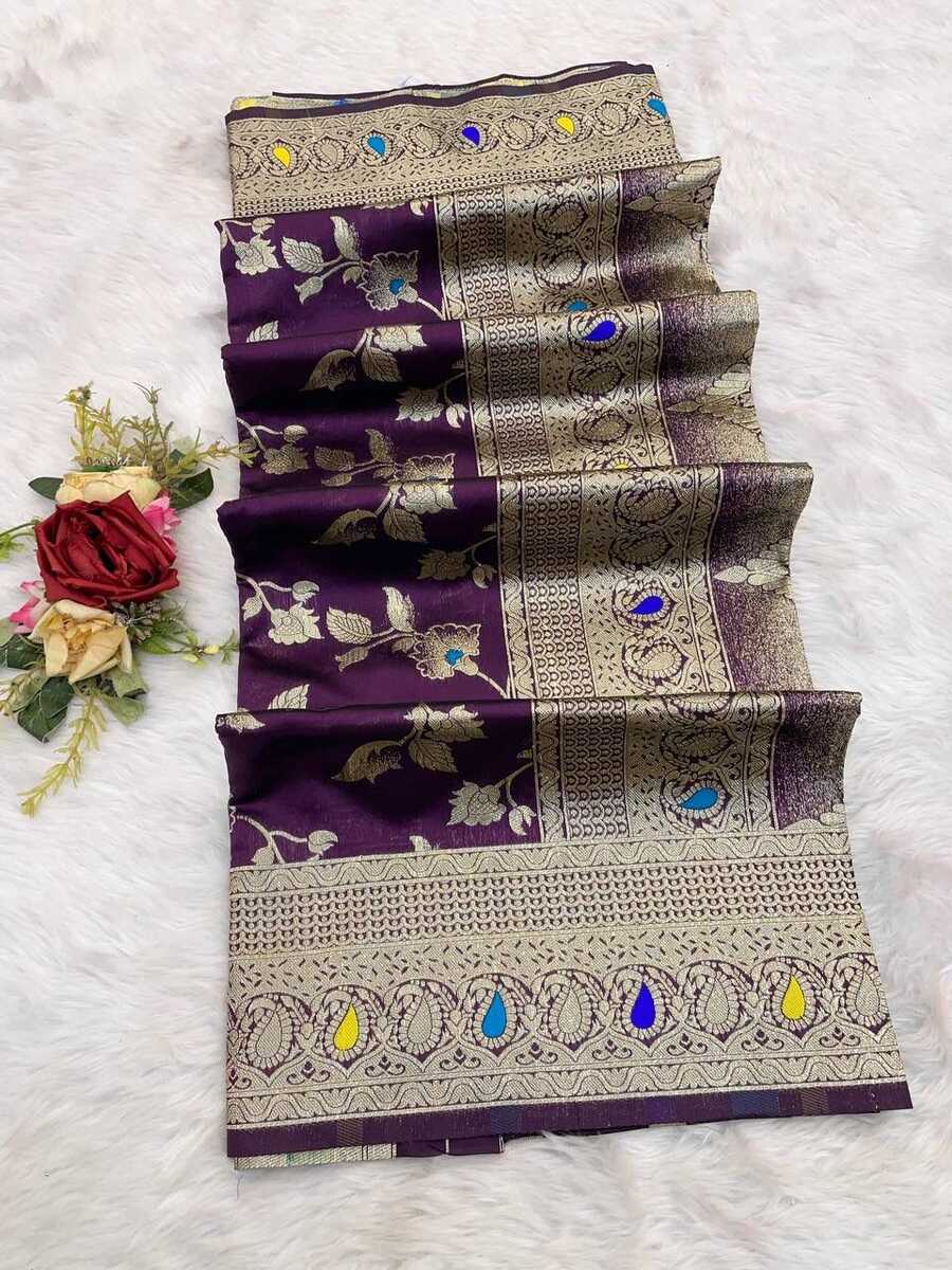 5NEW ARRIVAL BANARASI SILK FLOWERS AND MINA WITH ZARI WEAVING BORDER WORK SAREE WITH UNSTITCHED BLOUSE FESTIVE WEAR WHOLESALE PRICE ETHNIC GARMENT (7)