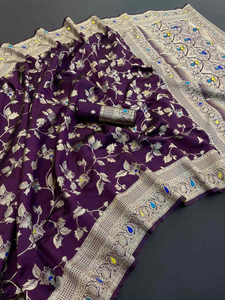 5NEW ARRIVAL BANARASI SILK FLOWERS AND MINA WITH ZARI WEAVING BORDER WORK SAREE WITH UNSTITCHED BLOUSE FESTIVE WEAR WHOLESALE PRICE ETHNIC GARMENT (8)