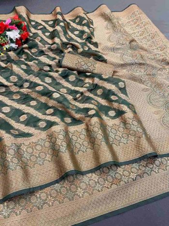 DESIGNER ORGANZA DESIGNER BORDER WORK SAREE WITH UNSTITCHED BLOUSE GREEN