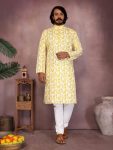 LATEST COTTON SEQUENCE WORK AND PRINTED MEN'S KURTA PAYJAMA YELLOW