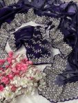 MODERN JIMMY CHOO SILK SEQUENCE WITH ARC BORDER WORK SAREE WITH STITCHED BLOUSE NAVY BLUE