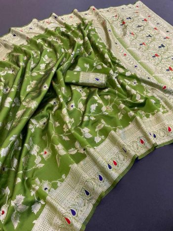NEW ARRIVAL BANARASI SILK FLOWERS AND MINA WITH ZARI WEAVING BORDER WORK SAREE WITH UNSTITCHED BLOUSE PARROT GREEN