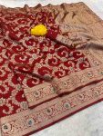 NEW ARRIVAL BANARASI SILK FLOWERS AND MINA WITH ZARI WEAVING BORDER WORK SAREE WITH UNSTITCHED BLOUSE RED