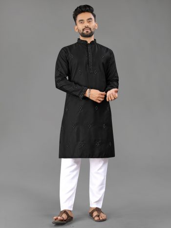 NEW ARRIVAL COTTON MATCHING VAL-MOTI BUTTA WORK MEN'S KURTA PAYJAMA BLACK