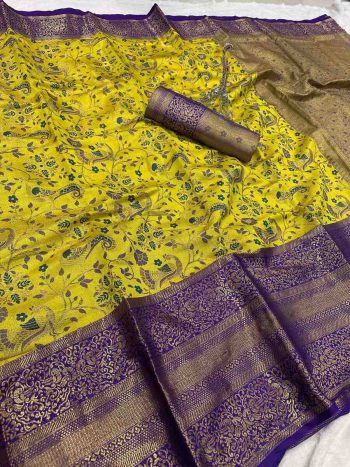 NEW ARRIVAL KANJIVARAM SILK GOLD ZARI RICH WEAVING WORK SAREE WITH UNSTITCHED BLOUSE LEMON