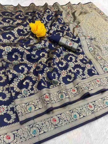 NEW ARRIVAL BANARASI SILK FLOWERS AND MINA WITH ZARI WEAVING BORDER WORK SAREE WITH UNSTITCHED BLOUSE NAVY BLUE