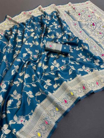 NEW ARRIVAL BANARASI SILK FLOWERS AND MINA WITH ZARI WEAVING BORDER WORK SAREE WITH UNSTITCHED BLOUSE TEAL