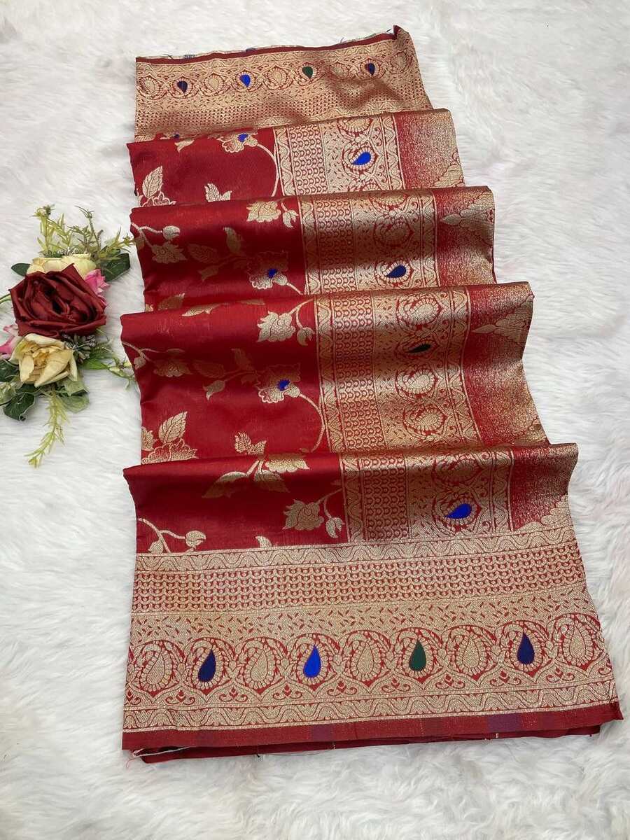 7NEW ARRIVAL BANARASI SILK FLOWERS AND MINA WITH ZARI WEAVING BORDER WORK SAREE WITH UNSTITCHED BLOUSE FESTIVE WEAR WHOLESALE PRICE ETHNIC GARMENT (4)