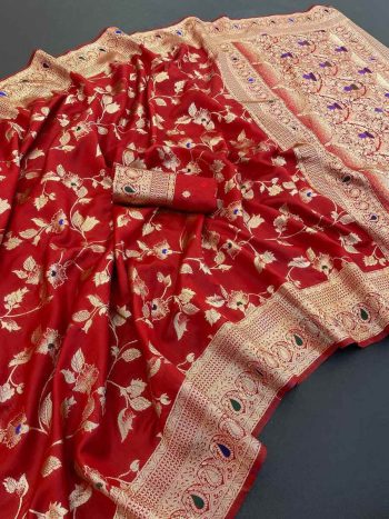 NEW ARRIVAL BANARASI SILK FLOWERS AND MINA WITH ZARI WEAVING BORDER WORK SAREE WITH UNSTITCHED BLOUSE RED