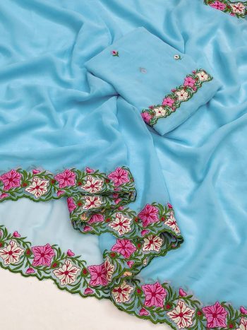 NEW ARRIVAL GEORGETTE MULTI THREAD EMBROIDERY WORK SAREE WITH UNSTITCHED BLOUSE SKY