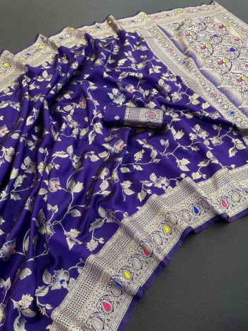 NEW ARRIVAL BANARASI SILK FLOWERS AND MINA WITH ZARI WEAVING BORDER WORK SAREE WITH UNSTITCHED BLOUSE PURPLE