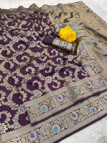 NEW ARRIVAL BANARASI SILK FLOWERS AND MINA WITH ZARI WEAVING BORDER WORK SAREE WITH UNSTITCHED BLOUSE WINE