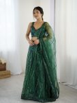 FASHIONABLE NET RAINBOW SEQUENCE & DORI WORK LEHENGA CHOLI WITH DUPATTA GREEN