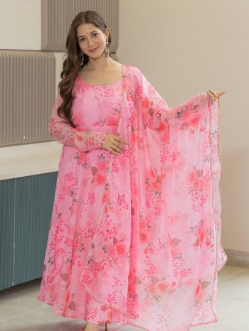 FASHIONABLE ORGANZA FLORAL PRINT WORK ANARKALI BOTTOM WITH DUPATTA PINK