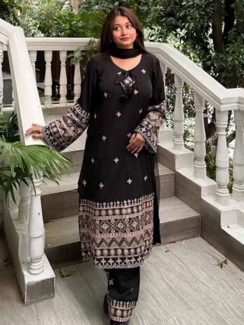 FASHIONABLE ROMAN SILK COTTON ZARI, THREAD & SEQUENCE EMBROIDERY WORK TOP PALAZZO WITH DUPATTA BLACK
