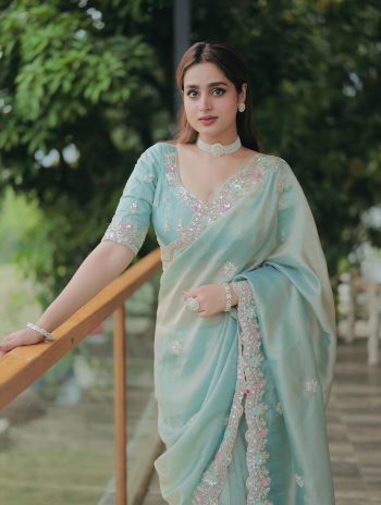 MODERN FENDY SATIN SILK MULTI COLOUR SEQUENCE AND CODING EMBROIDERY WORK SAREE WITH UNSTITCHED BLOUSE SKY