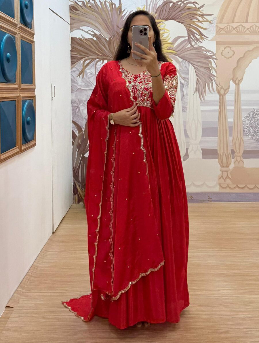 ATTRACTIVE AL CHINON EMBROIDERY WORK GOWN WITH DUPATTA PARTY WEAR WHOLESALE PRICE ETHNIC GARMENT (4)