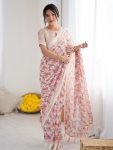 ATTRACTIVE BRIGHT MOSS SATIN PRINTED WORK SAREE WITH UNSTITCHED BLOUSE PEACH